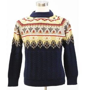 70s Vintage Cable Knit Mock Neck Sweater Mens M Fairisle Nordic Navy Blue Rust